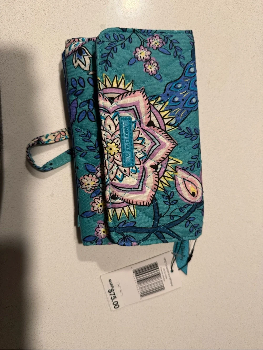NWT Vera Bradley SMARTPHONE WRISTLET PEACOCK GARDEN Wallet Phone Blue Green